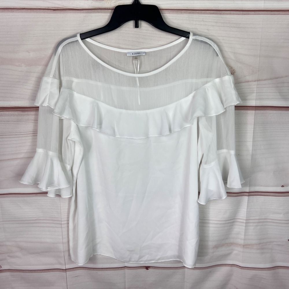 Sioni Top Womens L White Ruffle Blouse Short Sleeve Boat Neck Woven Pullover